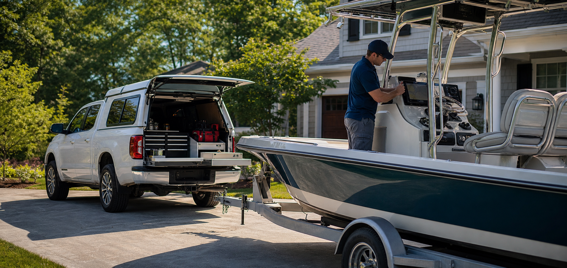 Mobile marine technician working on boat electronics beside a service truck